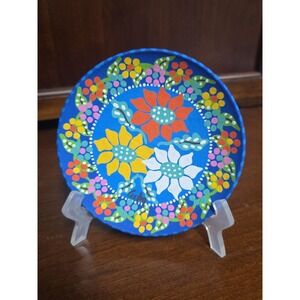 Cuba Red Clay Pottery Plate Hand Painted Blue‎ Floral Bright